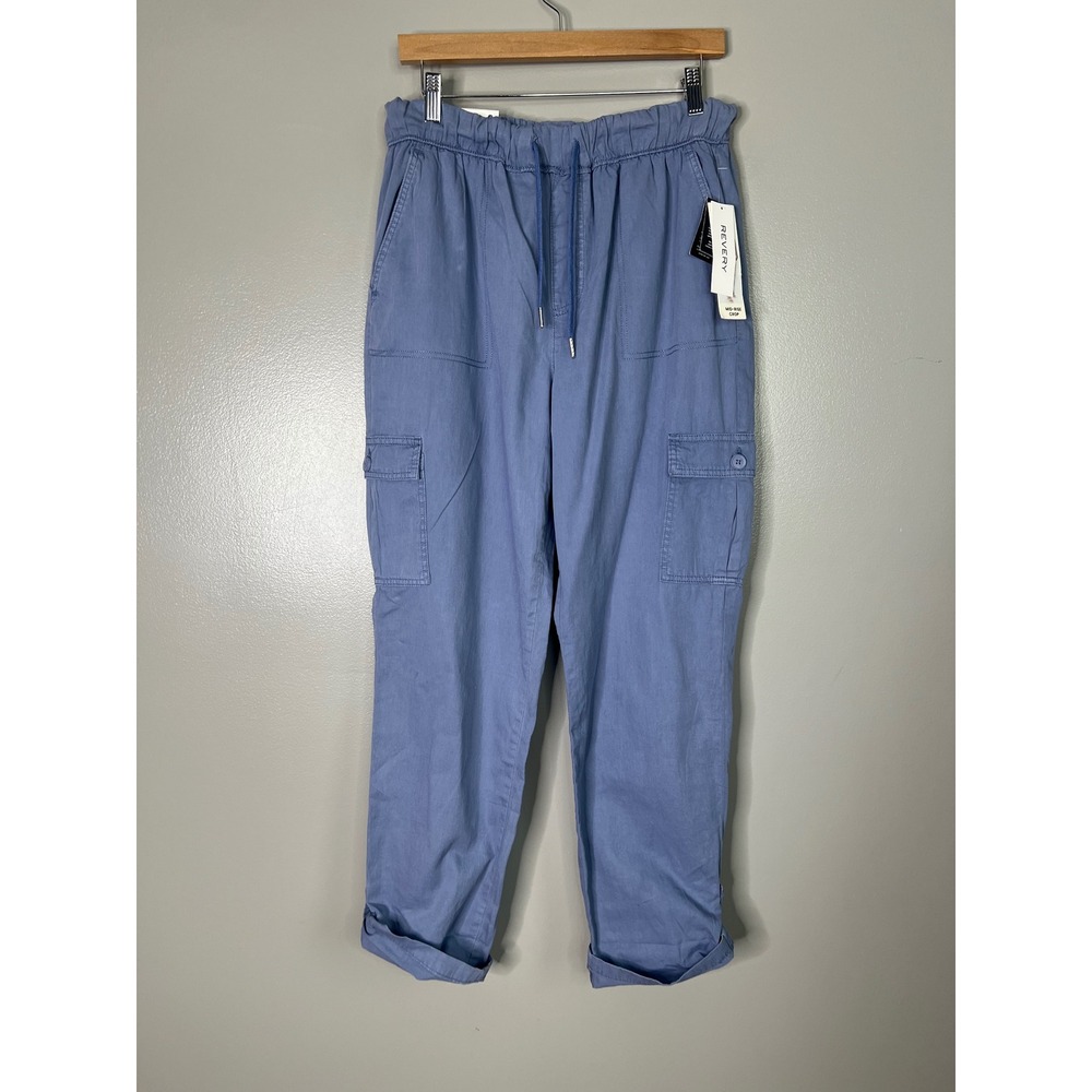 Revery Womens Blue Mid-Rise Crop Cargo Pants Elastic Waist Cotton Size L NWT